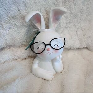 Cute White Easter Bunny w Black Glasses Table Decor NEW 6.5”